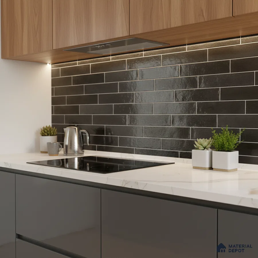 Modern kitchen with black subway tile backsplash, marble-look quartz countertop, and walnut wood laminate cabinets