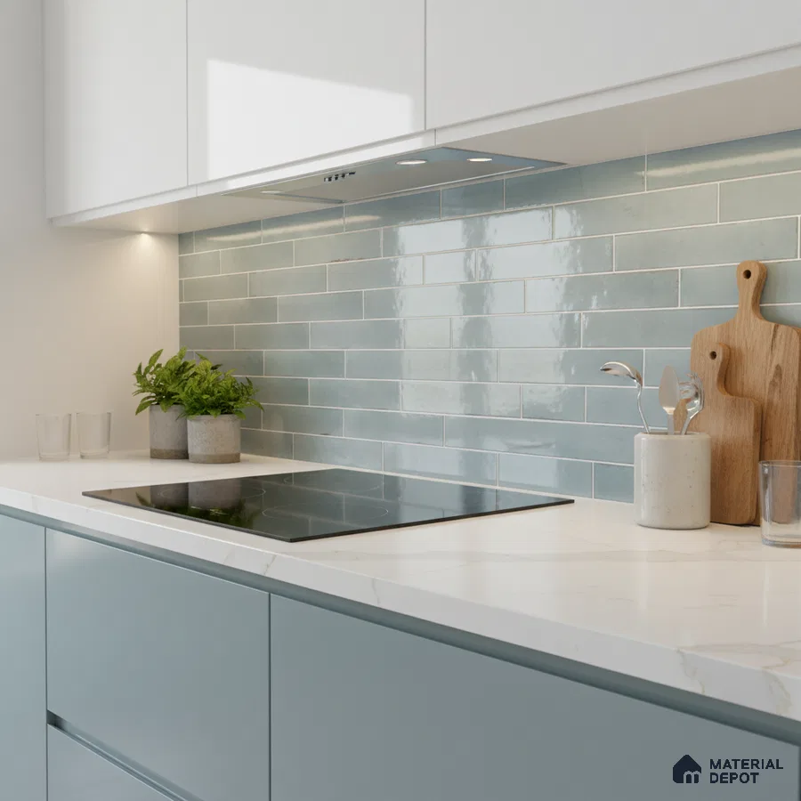 Modern kitchen with pastel blue laminate, white quartz countertop, and glossy blue subway backsplash tiles