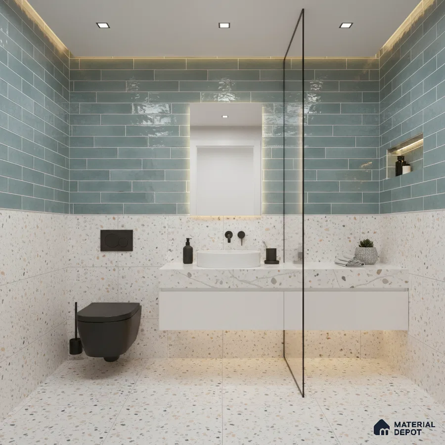 Modern bathroom with blue subway wall tiles and terrazzo floor and wall tiles
