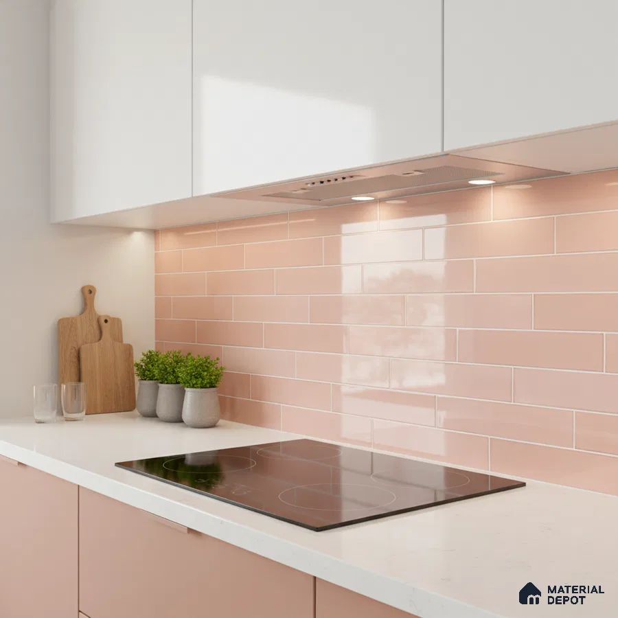 Scandinavian kitchen with pastel pink laminate, white quartz countertop, and blush pink subway backsplash tiles