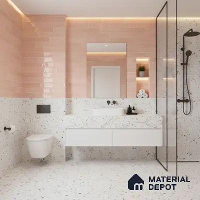 Modern bathroom with blush pink subway wall tiles and terrazzo floor and wall tiles