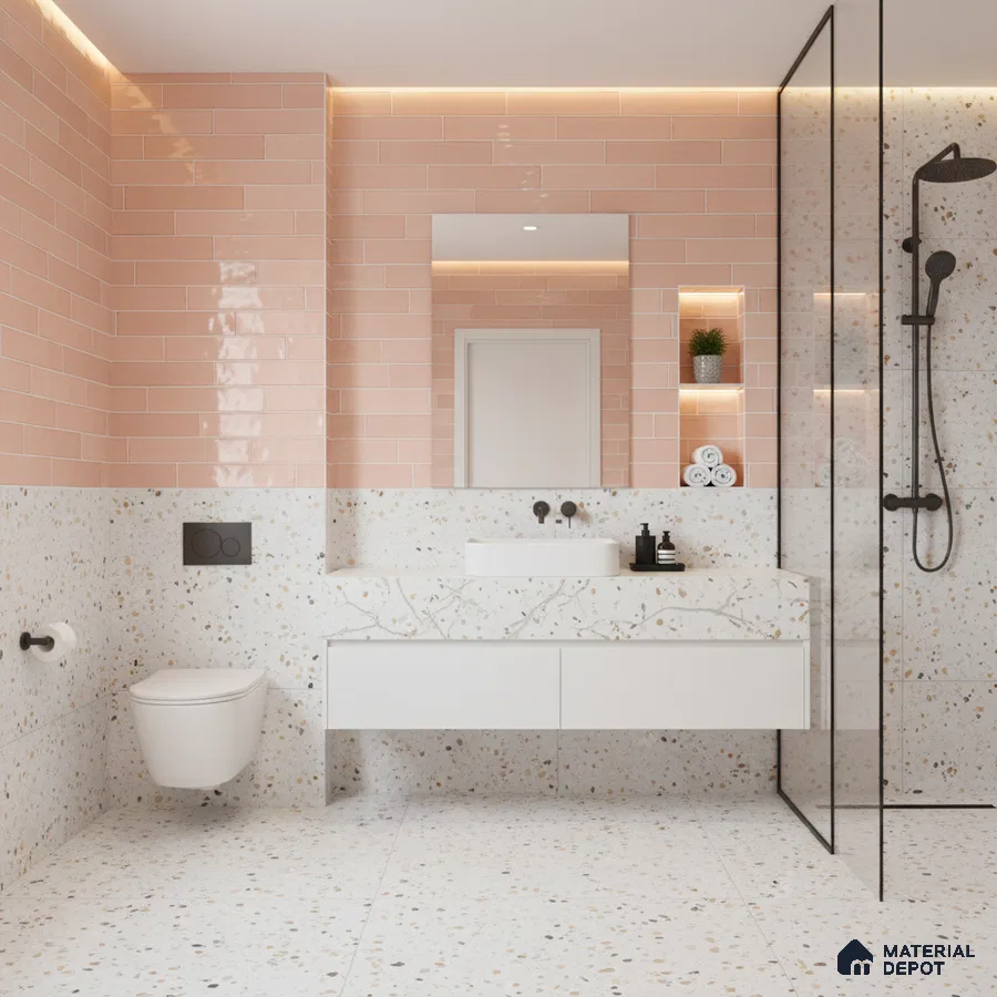 Modern bathroom with blush pink subway wall tiles and terrazzo floor and wall tiles