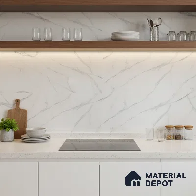 Modern kitchen with white marble-look backsplash tile, white quartz countertop, and walnut open shelves