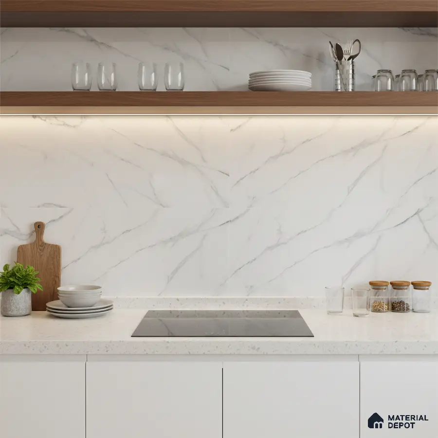 Modern kitchen with white marble-look backsplash tile, white quartz countertop, and walnut open shelves