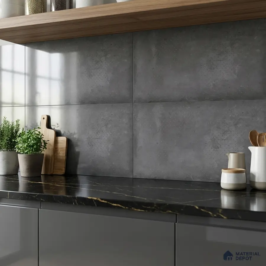 Modern kitchen with grey stone-look wall tiles and black marble countertop