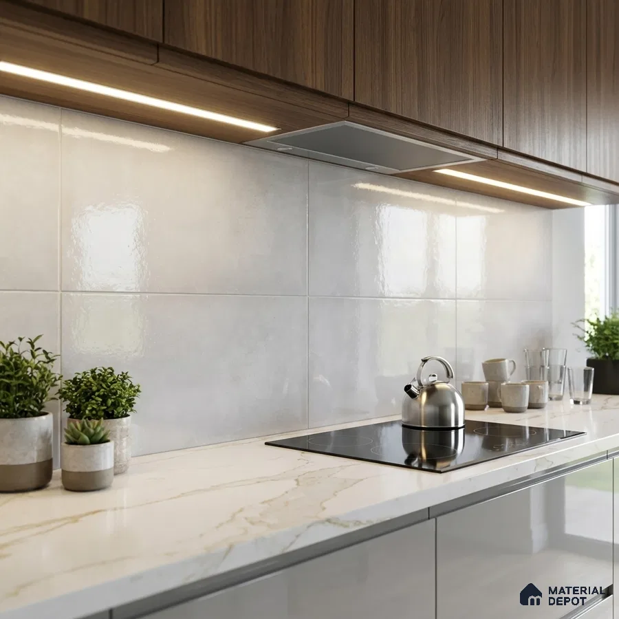 Modern kitchen with walnut wood laminate cabinets, glossy white wall tiles, and marble-look quartz countertop