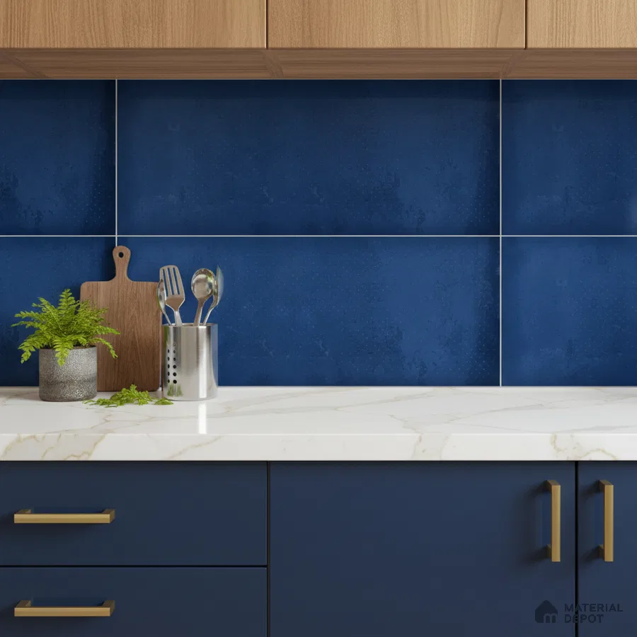Modern kitchen with navy blue laminate cabinets, white marble-look quartz countertop, and blue ceramic backsplash tiles