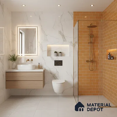 Modern bathroom with marble-look wall tiles, orange subway shower tiles, and floating wood vanity