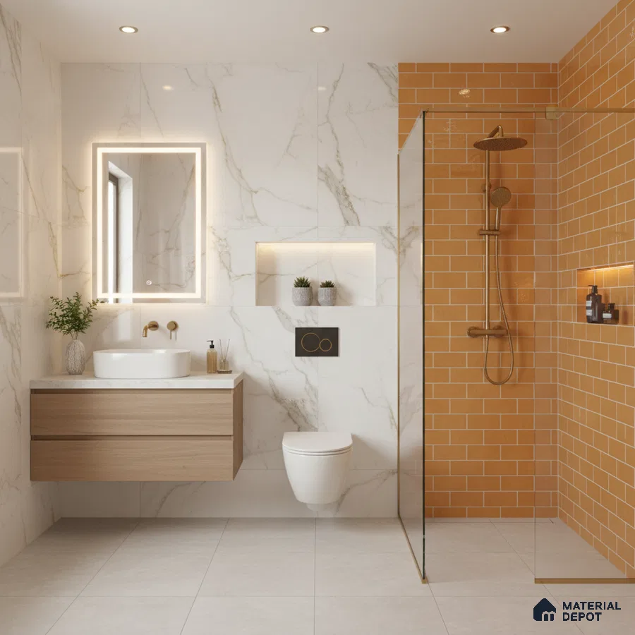 Modern bathroom with marble-look wall tiles, orange subway shower tiles, and floating wood vanity