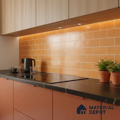 Modern kitchen with terracotta laminate, orange subway backsplash tile, and black marble countertop