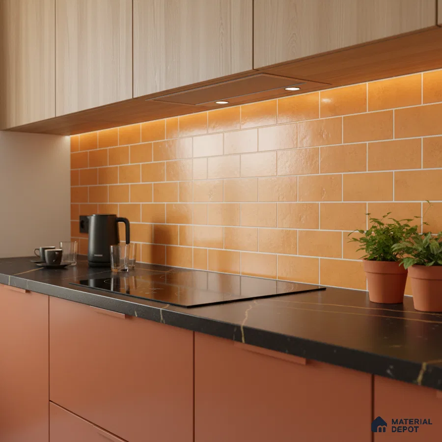 Modern kitchen with terracotta laminate, orange subway backsplash tile, and black marble countertop