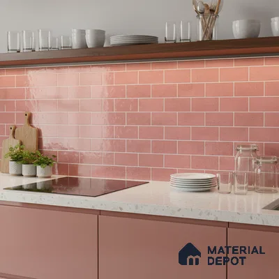 Modern kitchen with blush pink subway backsplash tile and terrazzo white countertop