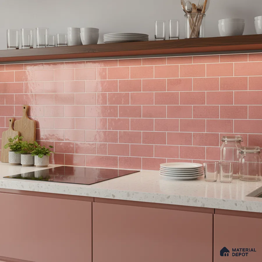 Modern kitchen with blush pink subway backsplash tile and terrazzo white countertop