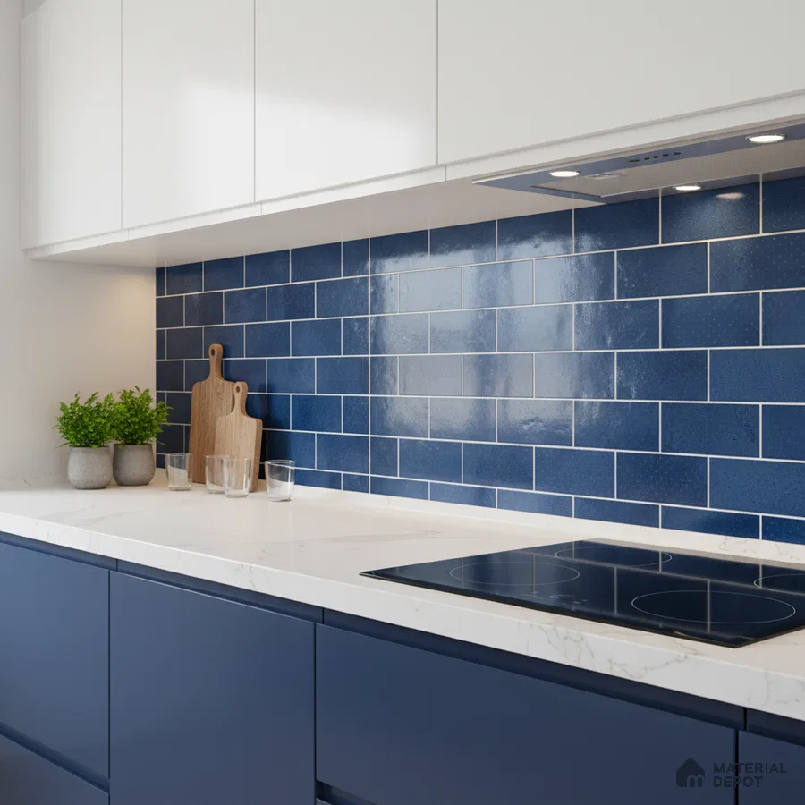 Modern kitchen with navy blue laminate cabinets, white quartz countertop, and glossy blue subway backsplash tiles