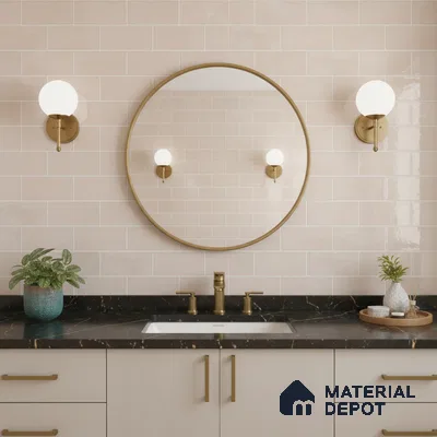 Minimalist kitchen with beige subway backsplash tile, white quartz countertop, and walnut open shelves