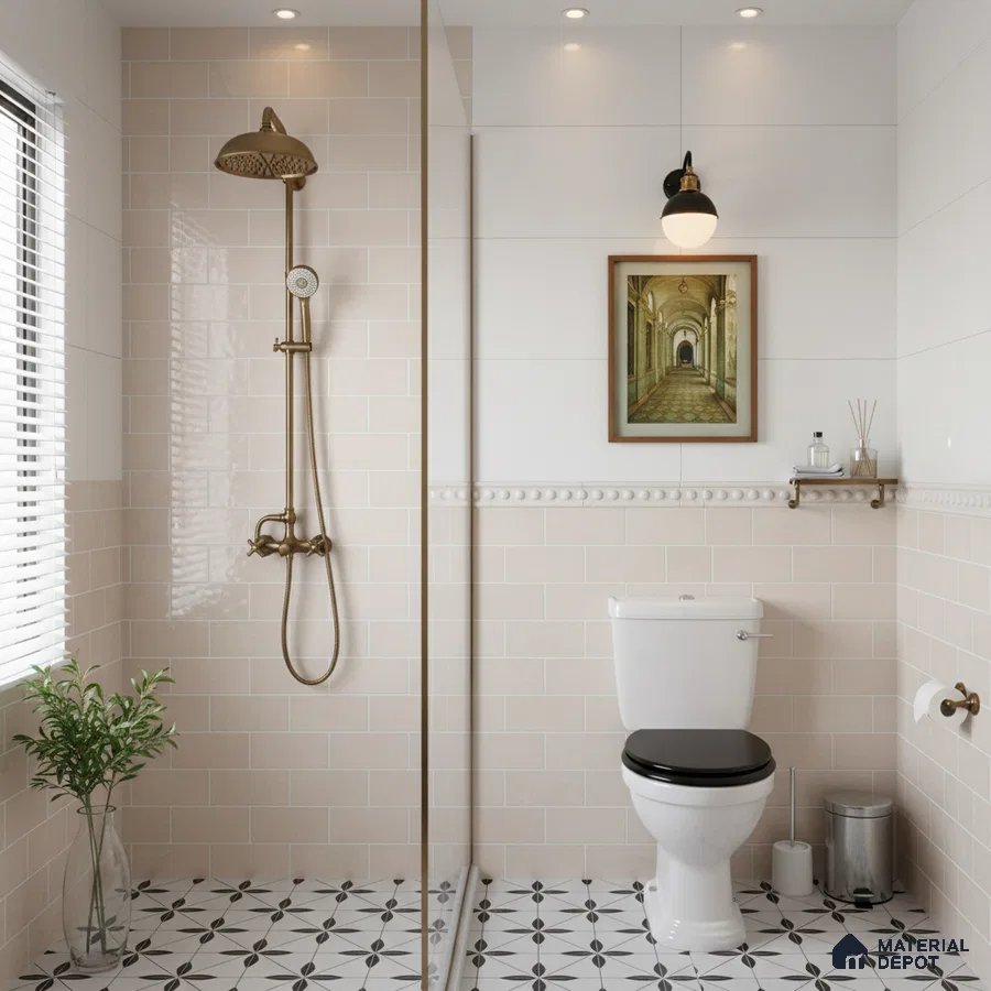 Modern bathroom with beige subway wall tiles and black-and-white geometric patterned floor tiles