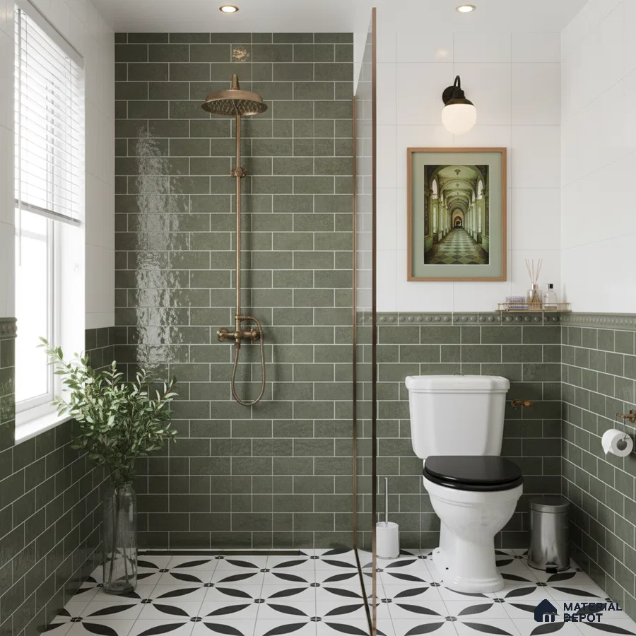 Modern kitchen with olive green laminate cabinets, white quartz countertop, and sage green subway backsplash tiles