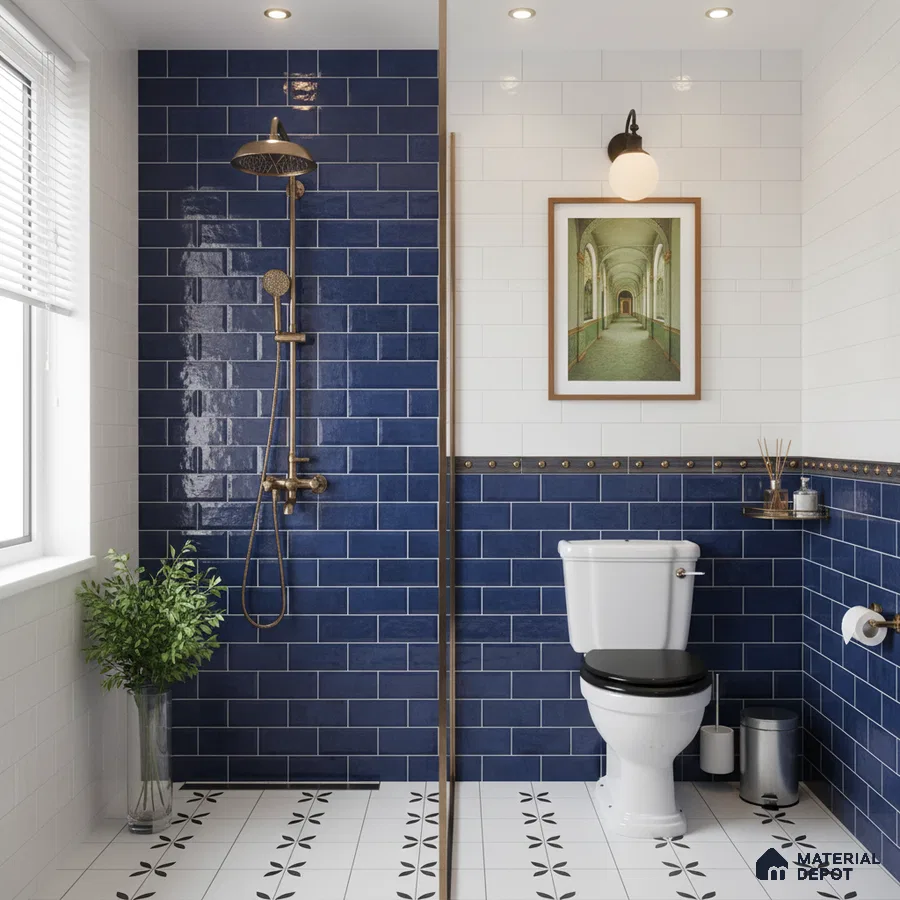 Modern kitchen with navy blue subway backsplash tile, white quartz countertop, and matte blue laminate cabinets
