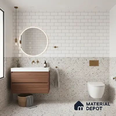Modern bathroom with white subway wall tiles, terrazzo floor and wall tiles, and walnut wood vanity