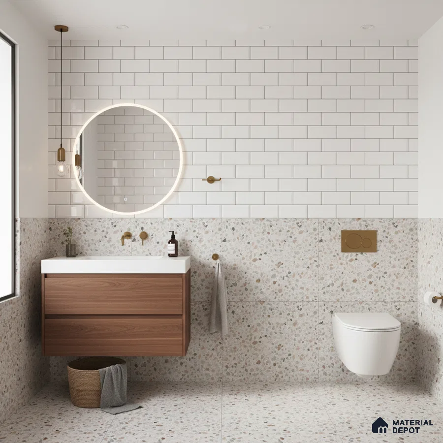 Modern bathroom with white subway wall tiles, terrazzo floor and wall tiles, and walnut wood vanity