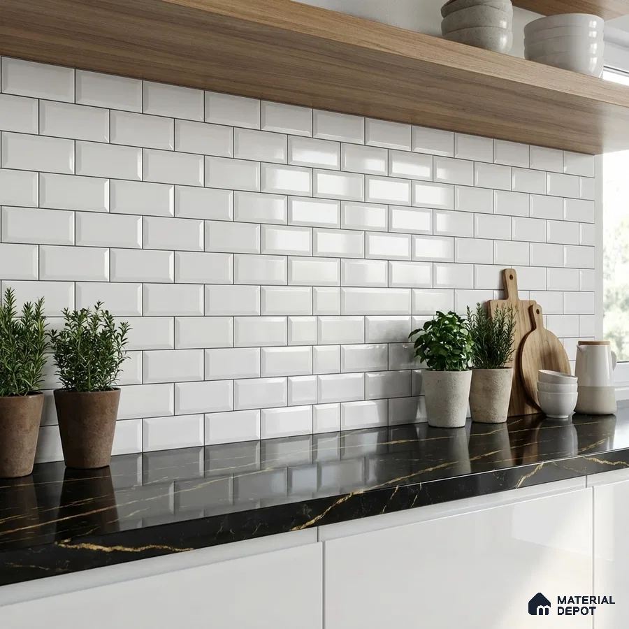 Modern kitchen with white subway backsplash tile, black marble countertop, and wood open shelf