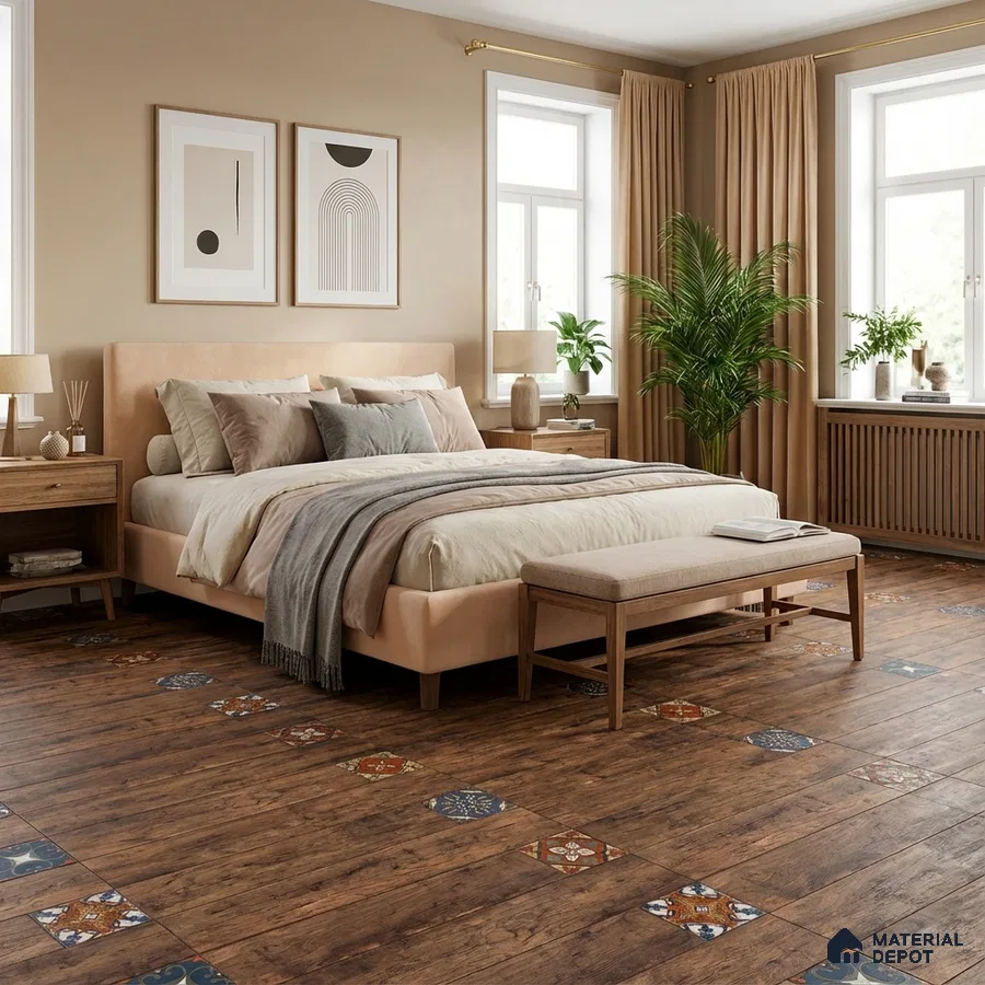 Scandinavian bedroom with beige upholstery, oak wood furniture, and patterned wood-look floor tiles