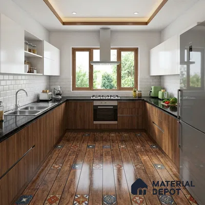 Modern kitchen with walnut wood laminate, white solid laminate, black granite countertop, and patterned wood-look floor tile