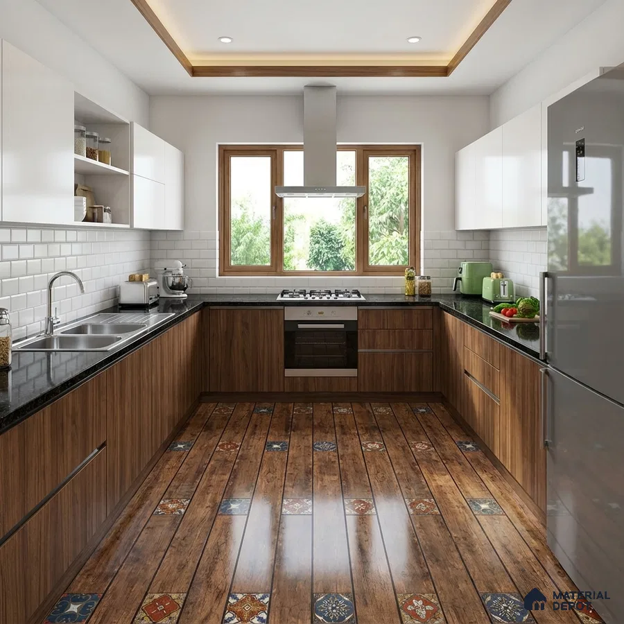Modern kitchen with walnut wood laminate, white solid laminate, black granite countertop, and patterned wood-look floor tile