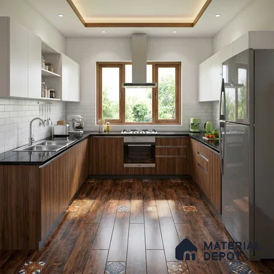 Modern L-shaped kitchen with walnut wood laminate, frosty white laminate, black granite countertop, and patterned wood-look floor tiles