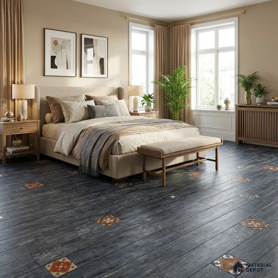 Modern bedroom with dark wood-look patterned floor tiles and beige upholstery