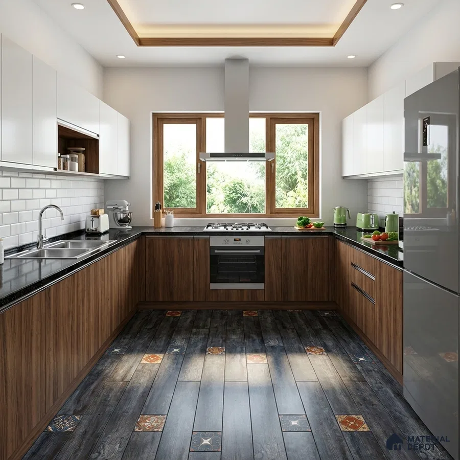 Modern U-shaped kitchen with walnut wood laminate, frosty white laminate, and patterned wood-look floor tiles