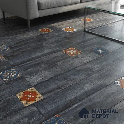 Eclectic living room with dark wood-look floor tiles and colorful patterned moroccan accent tiles