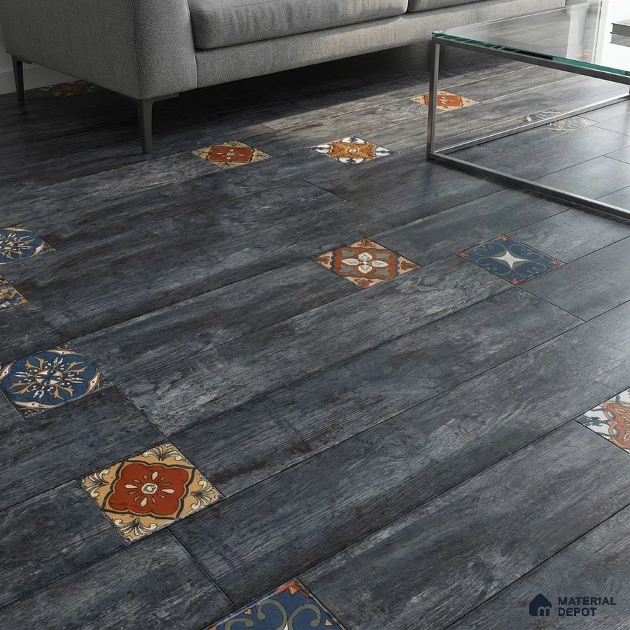 Eclectic living room with dark wood-look floor tiles and colorful patterned moroccan accent tiles