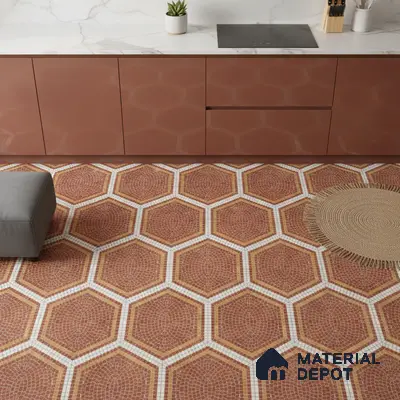 Modern kitchen with terracotta high gloss laminate cabinets, white marble backsplash, and hexagonal mosaic floor tiles