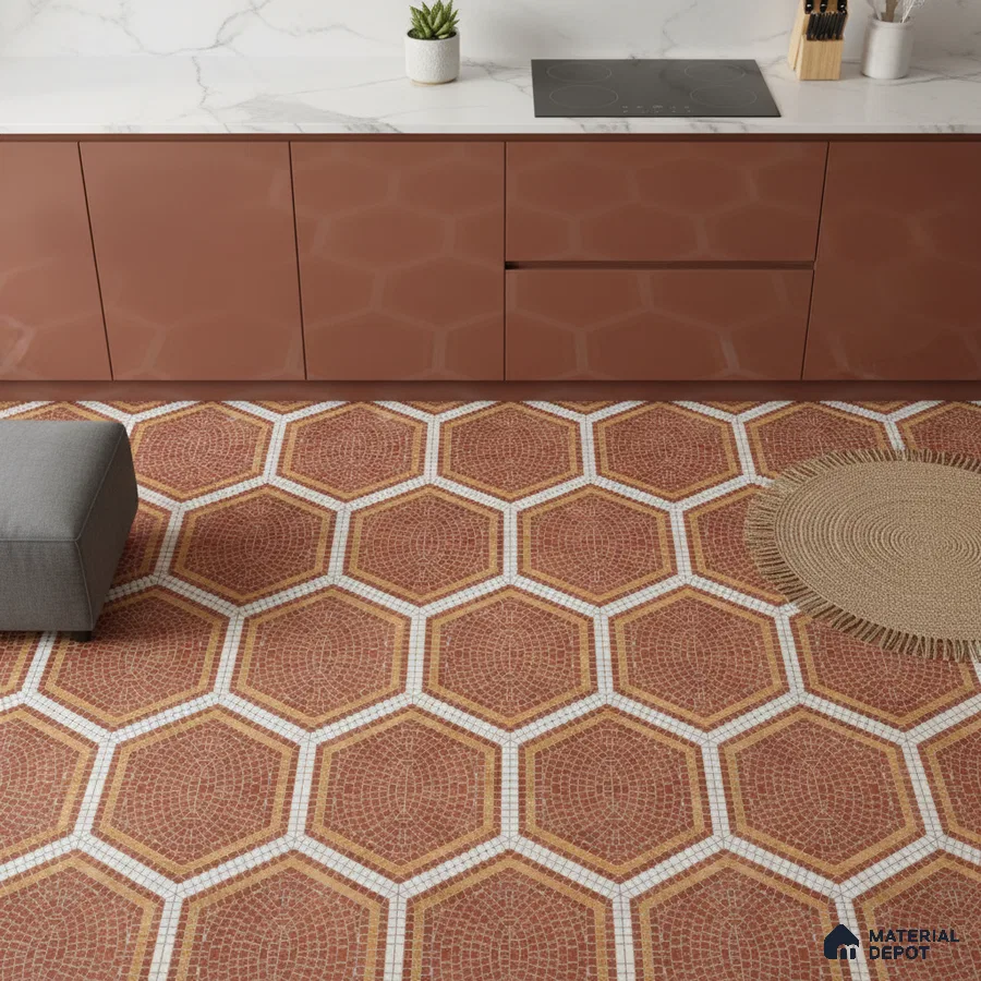 Modern kitchen with terracotta high gloss laminate cabinets, white marble backsplash, and hexagonal mosaic floor tiles