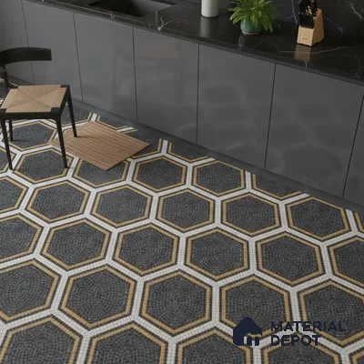 Modern kitchen with grey high gloss laminate cabinets, black marble countertop, and hexagonal mosaic floor tiles