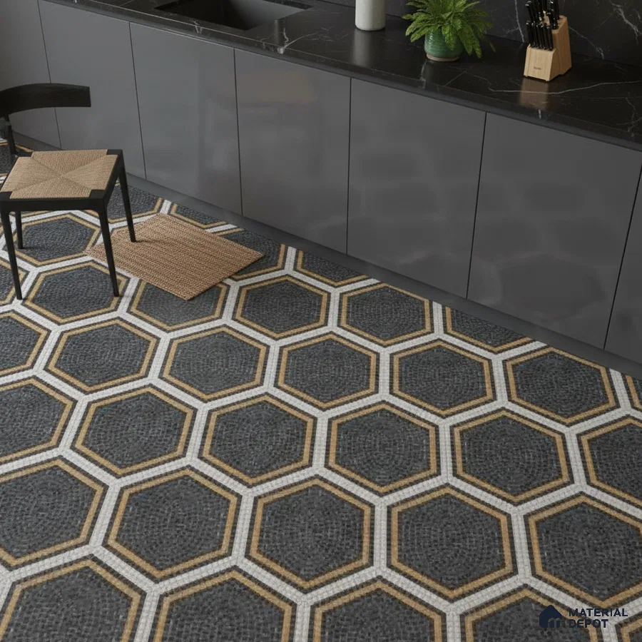 Modern kitchen with grey high gloss laminate cabinets, black marble countertop, and hexagonal mosaic floor tiles