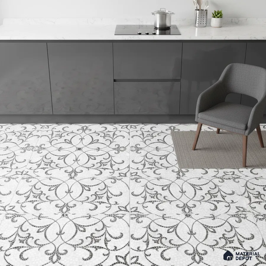 Modern kitchen with grey high gloss laminate cabinets, white marble countertop, and black-and-white floral patterned floor tiles