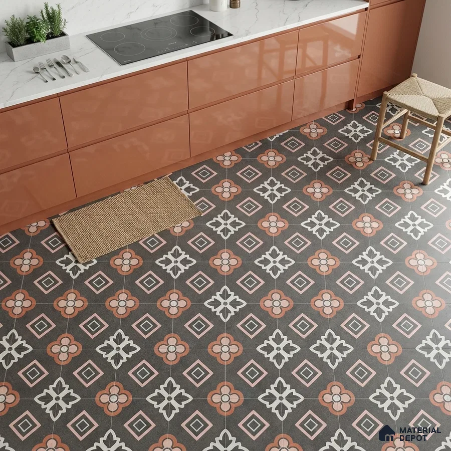Modern kitchen with terracotta high gloss laminate cabinets and geometric floral patterned floor tiles