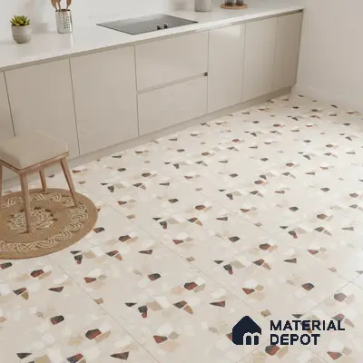 Modern kitchen with beige high gloss laminate cabinets, white quartz countertop, and terrazzo floor tiles