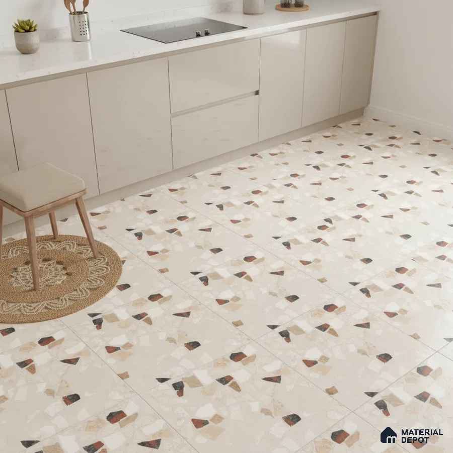 Modern kitchen with beige high gloss laminate cabinets, white quartz countertop, and terrazzo floor tiles