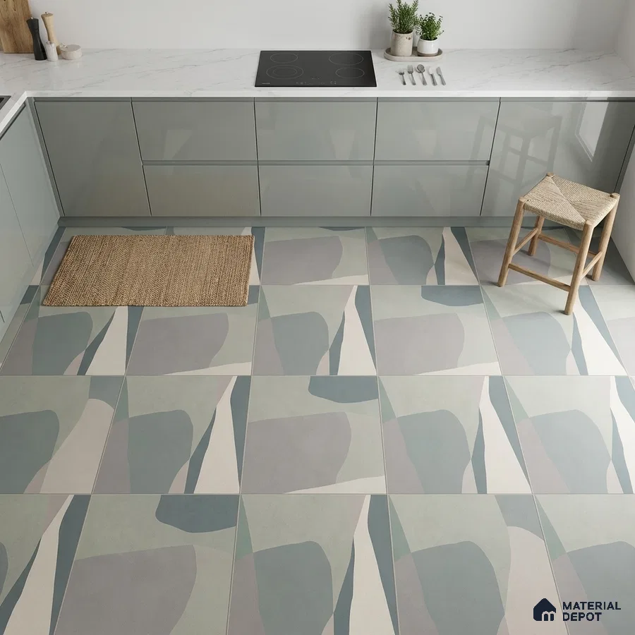 Modern kitchen with glossy grey laminate cabinets and abstract geometric patterned floor tiles