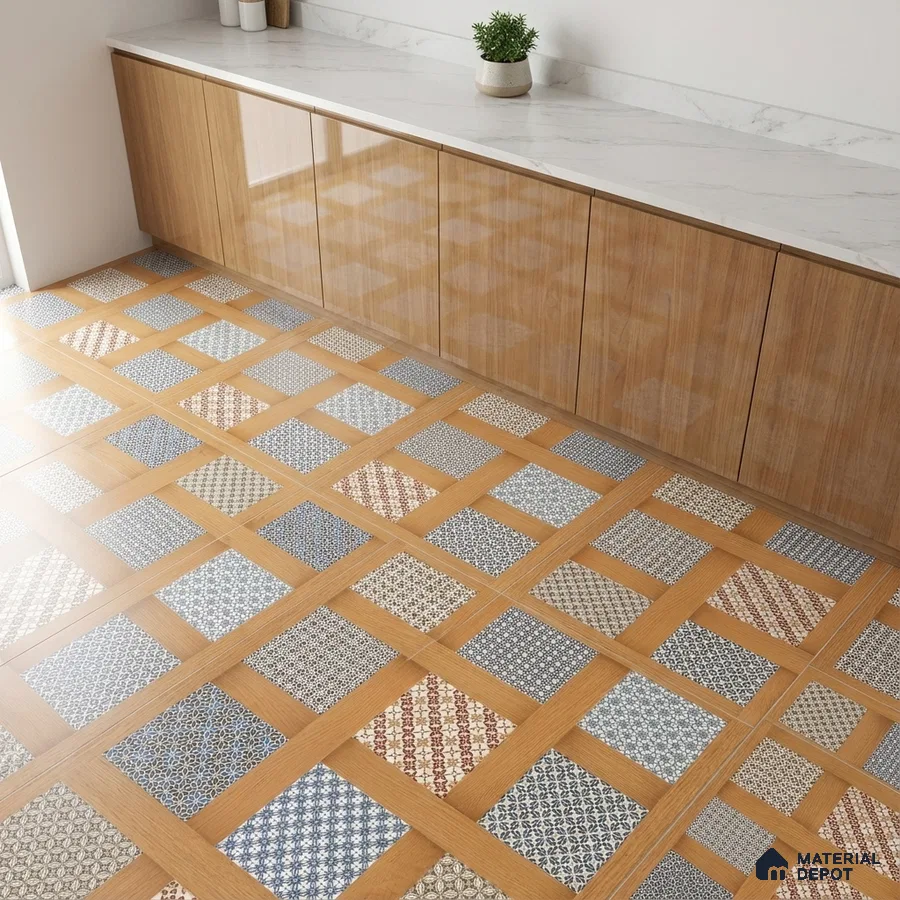 Modern kitchen with patterned geometric floor tiles, oak wood laminate cabinets, and white marble countertop