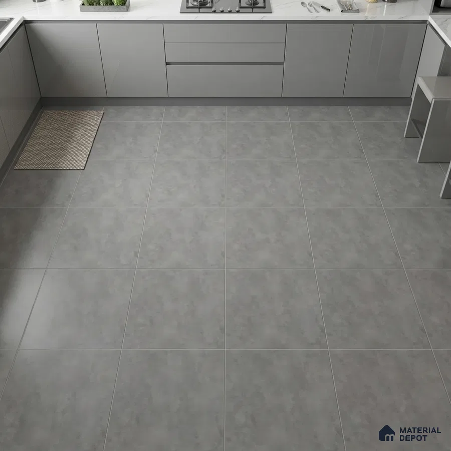 Modern kitchen with grey matte laminate cabinets and light grey stone-look floor tiles