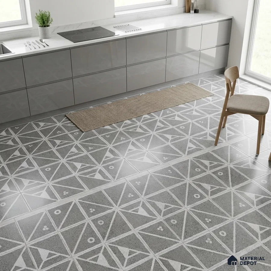 Modern kitchen with grey high gloss laminate cabinets and geometric patterned grey floor tiles