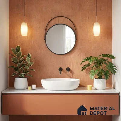 Minimalist bathroom with terracotta textured wall, matte terracotta vanity, and white marble countertop