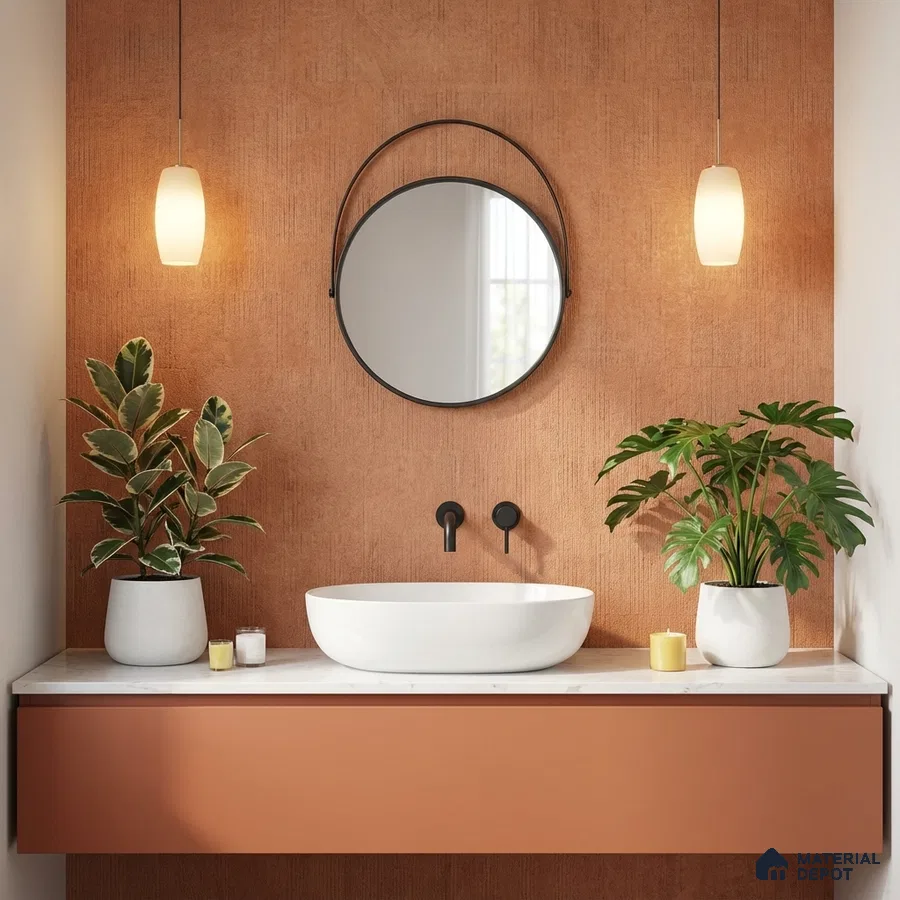 Minimalist bathroom with terracotta textured wall, matte terracotta vanity, and white marble countertop
