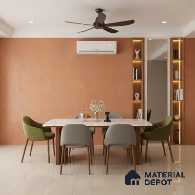 Modern dining room with terracotta textured wall tile, marble dining table, and beige polished floor tile