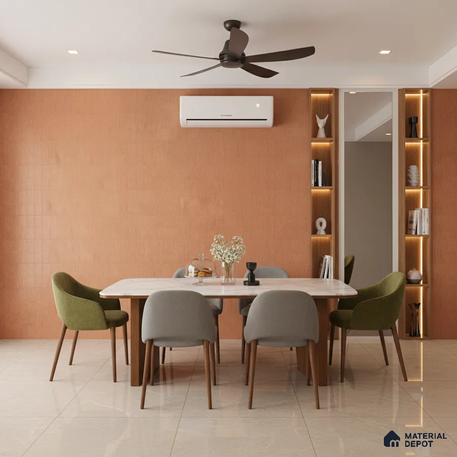 Modern dining room with terracotta textured wall tile, marble dining table, and beige polished floor tile