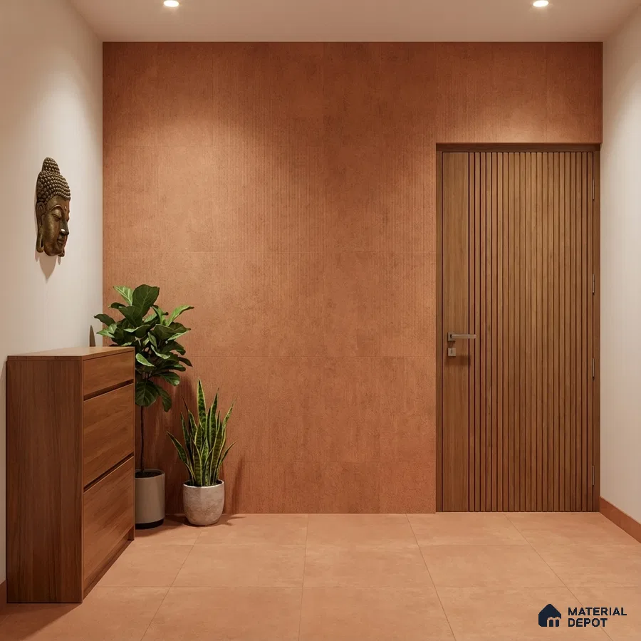 Minimalist foyer with terracotta wall tiles, wooden laminate cabinet, and walnut louvered door